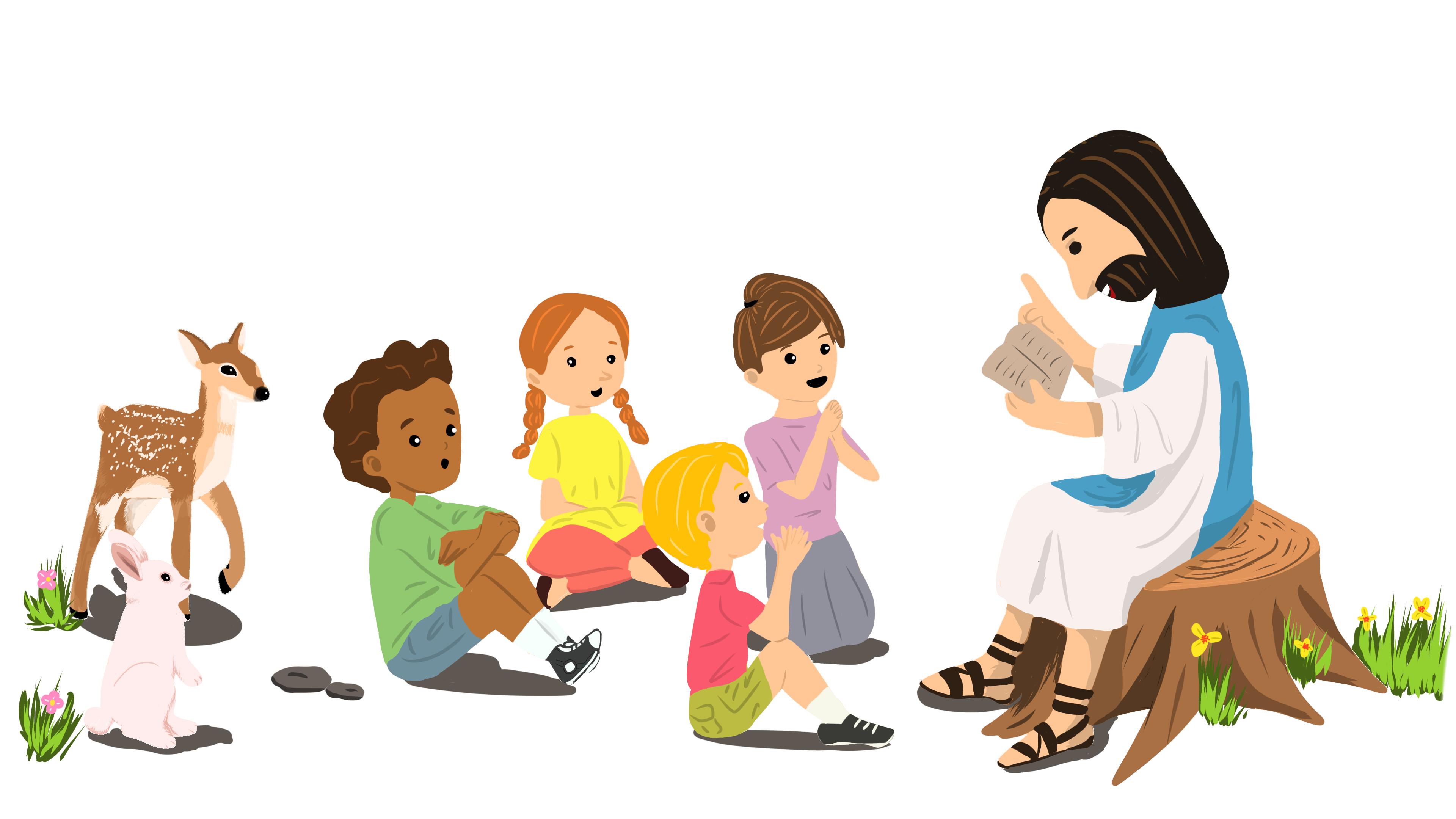 A colourful children's illustration showing Jesus seated on a tree stump, reading from a book to four attentive children sitting on the ground around him. A young deer and a white rabbit stand nearby among flowers and grass.